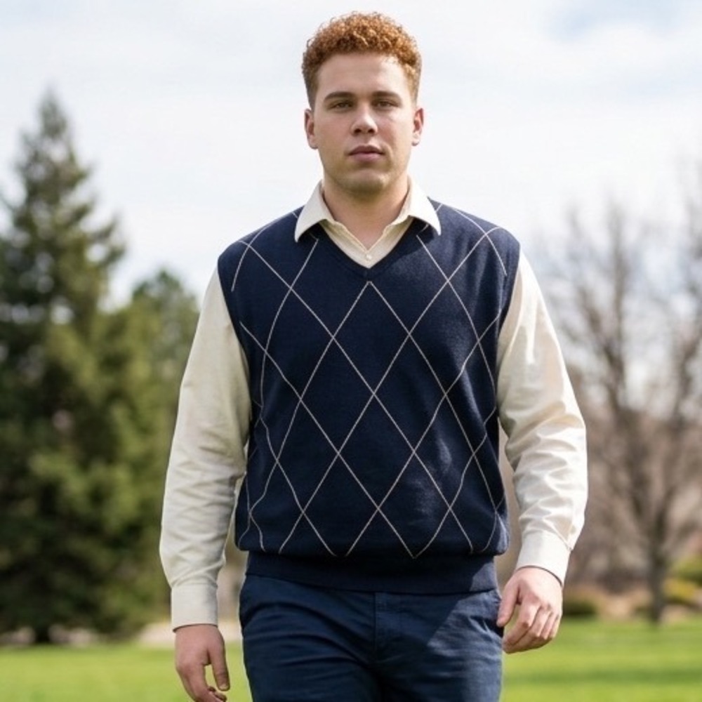 Haggar Golf Mens XXL Navy Blue Argyle V-Neck Sweater Vest 100% Cotton 0598